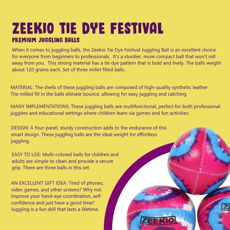 Zeekio Tie Dye Festival Juggling Balls - [Set of 3] 6-Panel Balls, Millet Field, 120g Each, Pink/Blue/White Swirl - Image 2